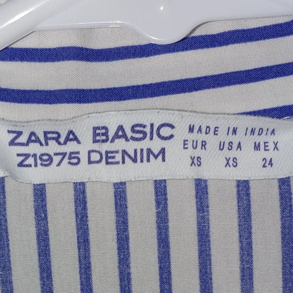 Zara Denim 3/4 Balloon Sleeves Blue White Stripes Embroidered Blouse Size XS